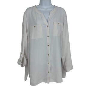 Susan Graver Women’s White Roll Tab Sleeve Button Down Blouse Size 18W